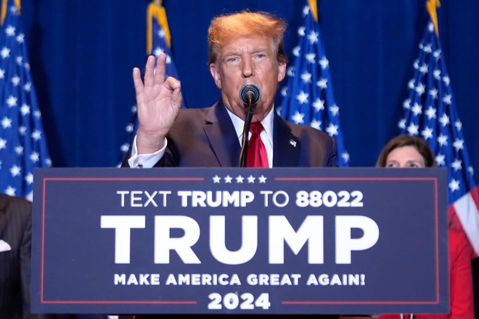 Republican presidential candidate former President Donald Trump speaks at a primary election night party at the South Carolina State Fairgrounds in Columbia, S.C., Saturday, Feb. 24, 2024. (AP Photo/Andrew Harnik)