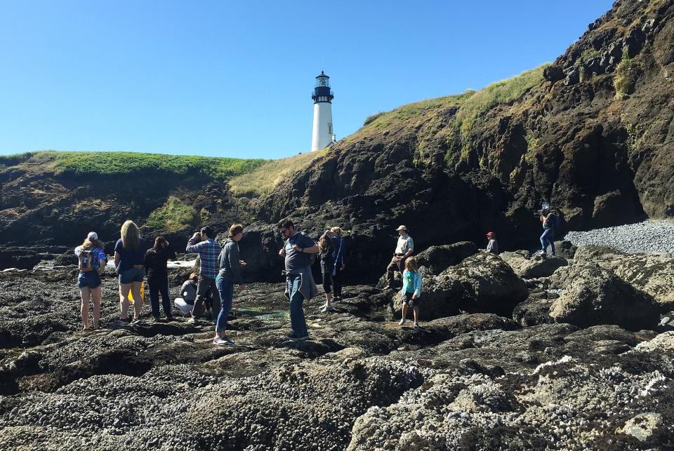 Visitors check the tide pools in the shadow of the Yaquina Head Lighthouse that sits about a mile from Highway 101 north of Newport.