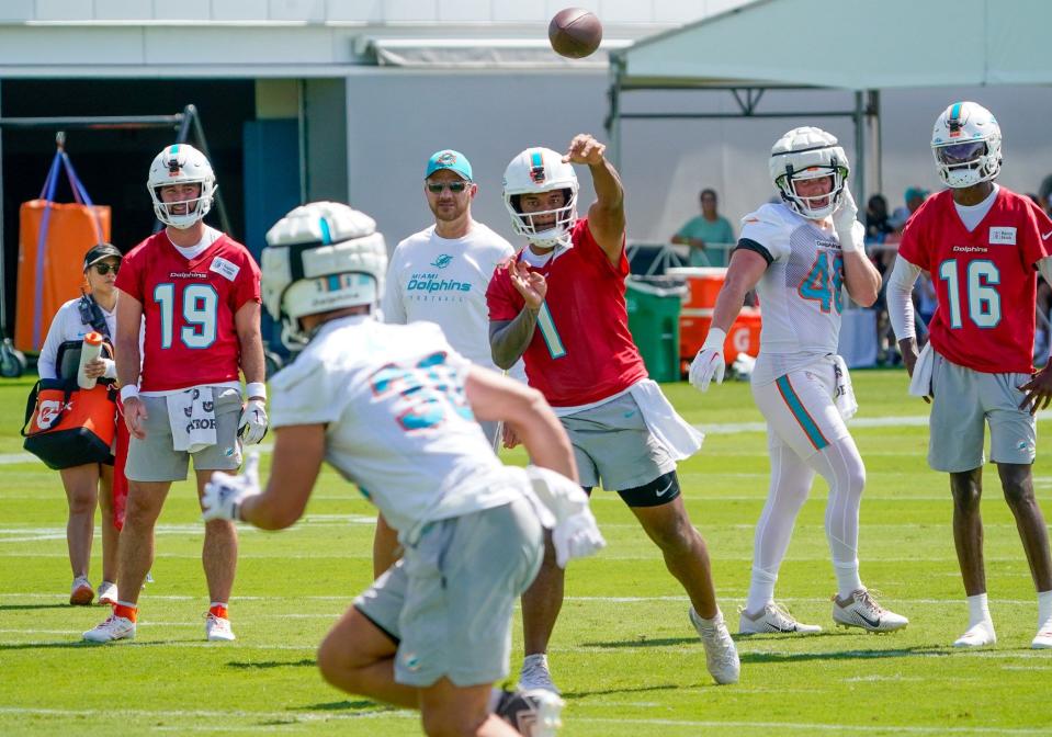 Miami Dolphins quarterback Tua Tagovailoa (1) participates at training camp at Baptist Health Training Complex, Sunday, July 30, 2023 in Miami Gardens.