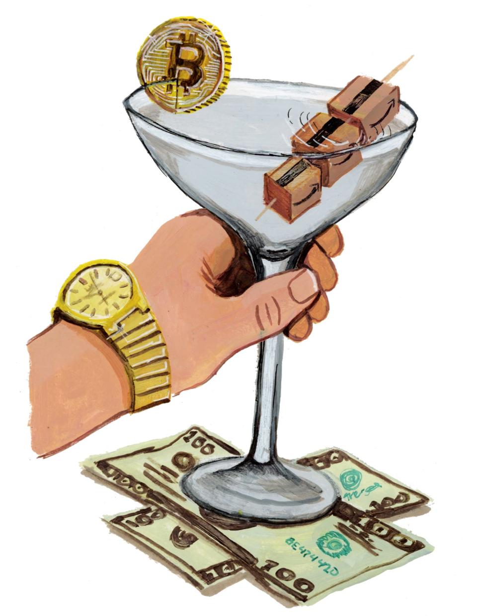 A hand holding a drink with a bitcoin garnish and money as a coaster
