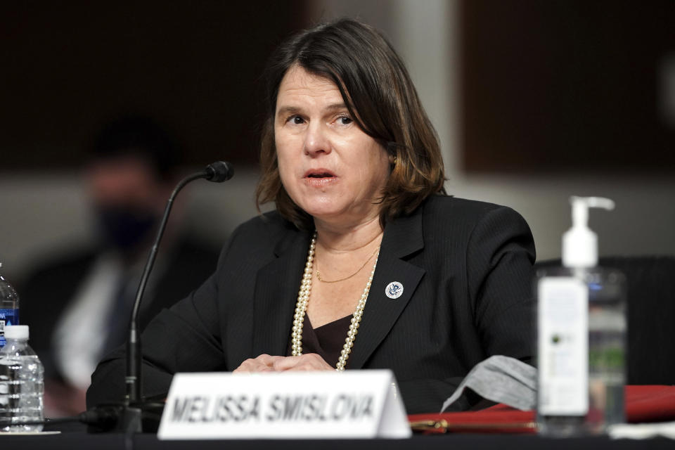 Senior Department of Homeland Security official Office of Intelligence and Analysis Melissa Smislova testifies during a Senate Committee on Homeland Security and Governmental Affairs and Senate Committee on Rules and Administration joint hearing Wednesday, March 3, 2021, examining the January 6, attack on the U.S. Capitol in Washington. (Greg Nash/Pool via AP)