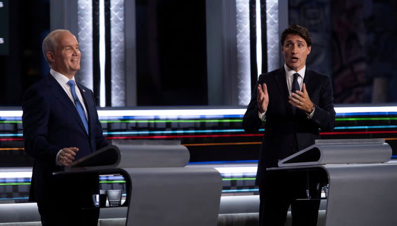 FILE PHOTO: Canadian political party leaders hold an election campaign debate, in Quebec