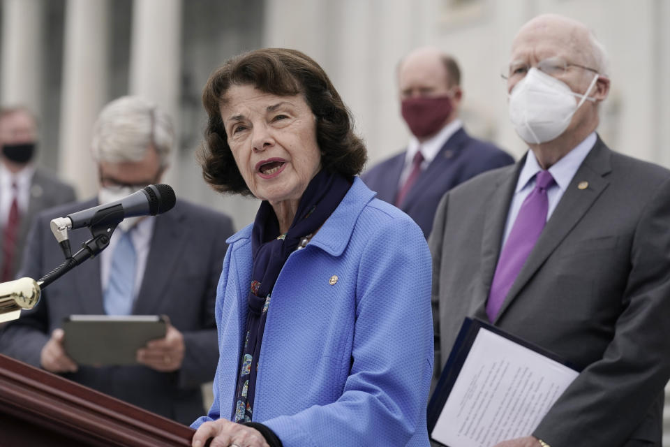 Senate Judiciary Committee ranking member Sen. Dianne Feinstein (D-Calif.) speaks during an Oct. 22, 2020, news conference after boycotting the vote by the Republican-led panel to advance the nomination of Judge Amy Coney Barrett to sit on the Supreme Court. (Photo: J. Scott Applewhite/AP Photo)