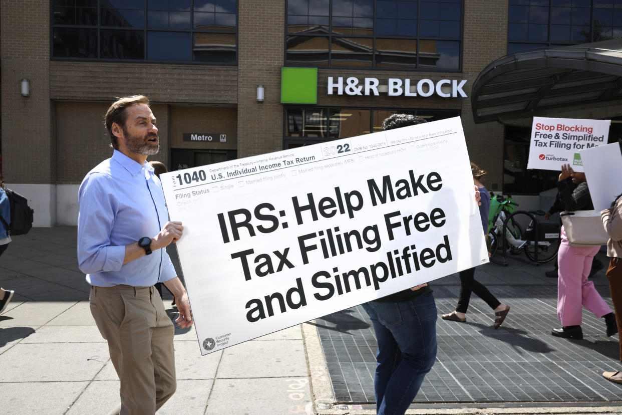 WASHINGTON, DC - APRIL 17:  Advocates gather in Washington, DC to call out tax prep companies like Intuit TurboTax and H&R Block for blocking simplified filing and to support Internal Revenue Service (IRS) exploration of alternative free tax filing on April 17, 2023 in Washington, DC. (Photo by Tasos Katopodis/Getty Images for Economic Security Project)