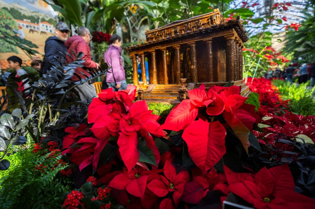 Visitors look at a replica of the Lincoln Memorial adorned with different varieties of poinsettias on display at the U.S. Botanic Garden, Saturday, Dec. 16, 2023, in Washington. (AP Photo/Manuel Balce Ceneta)