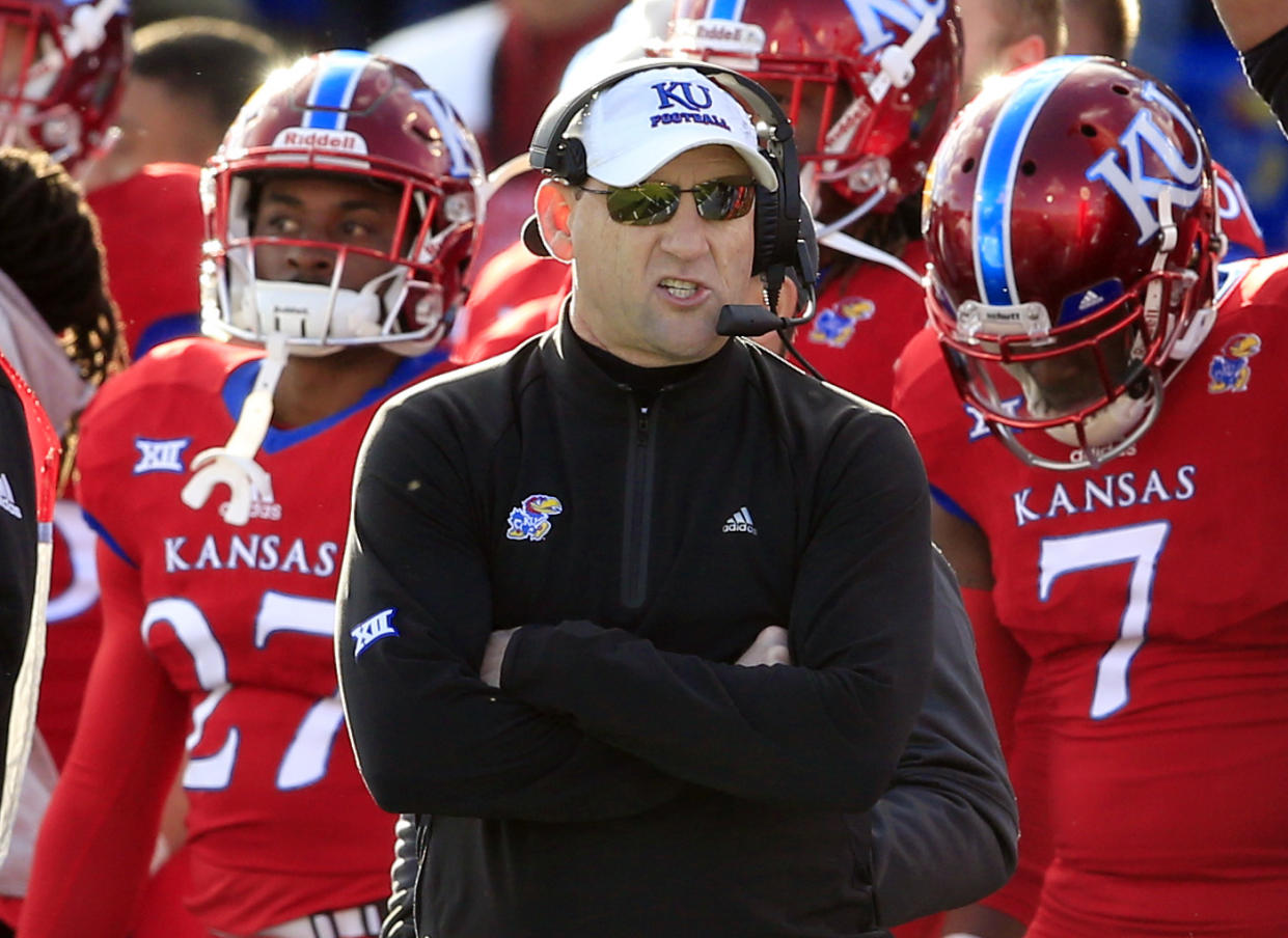 David Beaty is the first Kansas coach to win a road game since Mark Mangino. (AP Photo/Orlin Wagner, File)