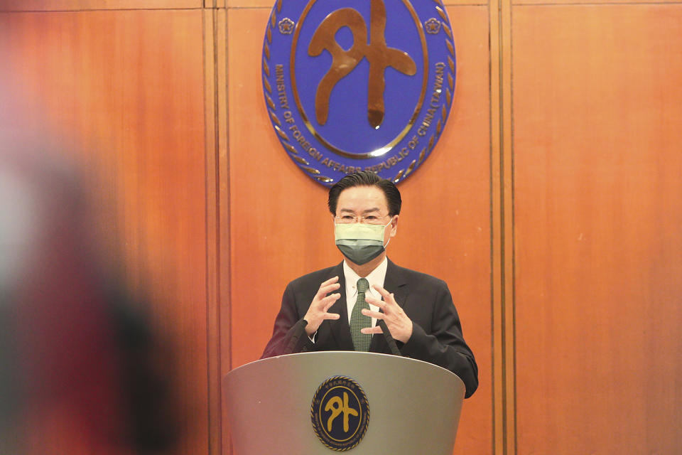 In this photo released by the Taiwan Ministry of Foreign Affairs, Taiwan's Foreign Minister Joseph Wu speaks during a press conference in Taipei, Taiwan on Tuesday, Aug. 9, 2022. Wu on Tuesday said that China aims to control the East and South China Seas via the Taiwan Strait, describing a greater ambition to upend the Asian status quo and prevent nations from aiding the self-governing island. (Taiwan Ministry of Foreign Affairs via AP)