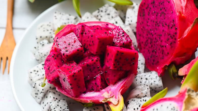 bowl of cubed pink and white dragon fruit