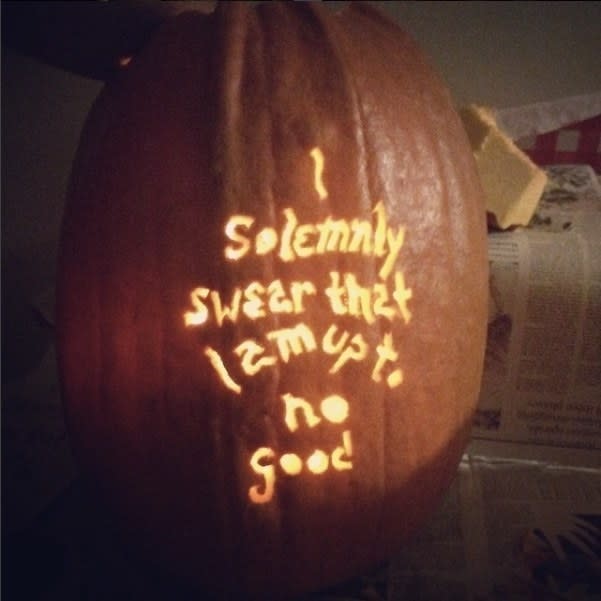 pumpkin with the carved words: "I solemnly swear that I am up to no good"