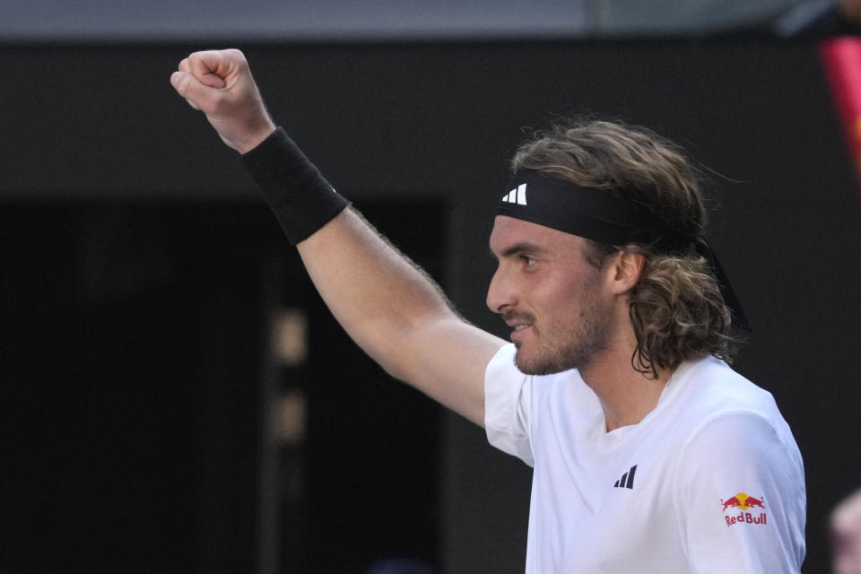 Stefanos Tsitsipas of Greece reacts after defeating Karen Khachanov of Russia in their semifinal at the Australian Open tennis championship in Melbourne, Australia, Friday, Jan. 27, 2023.(AP Photo/Dita Alangkara)