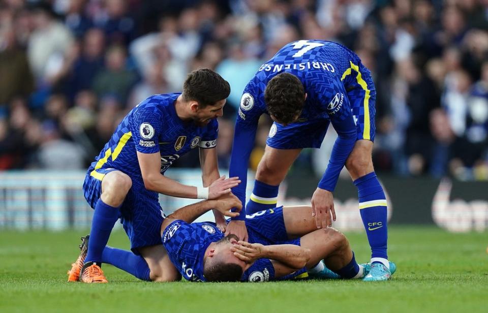 Mateo Kovacic, centre, reacts after being injured by Dan James’ tackle in Wednesday’s Premier League clash with Leeds (Mike Egerton/PA) (PA Wire)