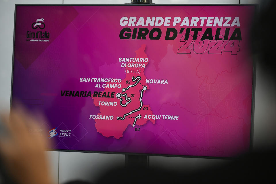 La ruta del Giro de Italia de 2024 es presentada durante una rueda de prensa en Turín, el lunes 9 de octubre de 2024. (Fabio Ferrari/LaPresse vía AP)