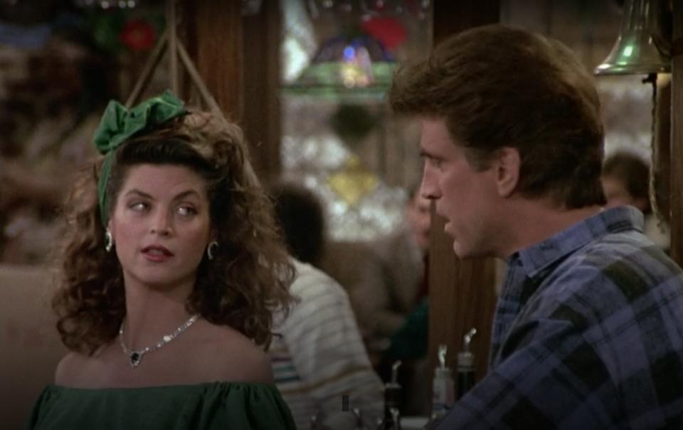 Actors Kirstie Alley and Ted Danson in "Cheers" episode, "Christmas Cheers"