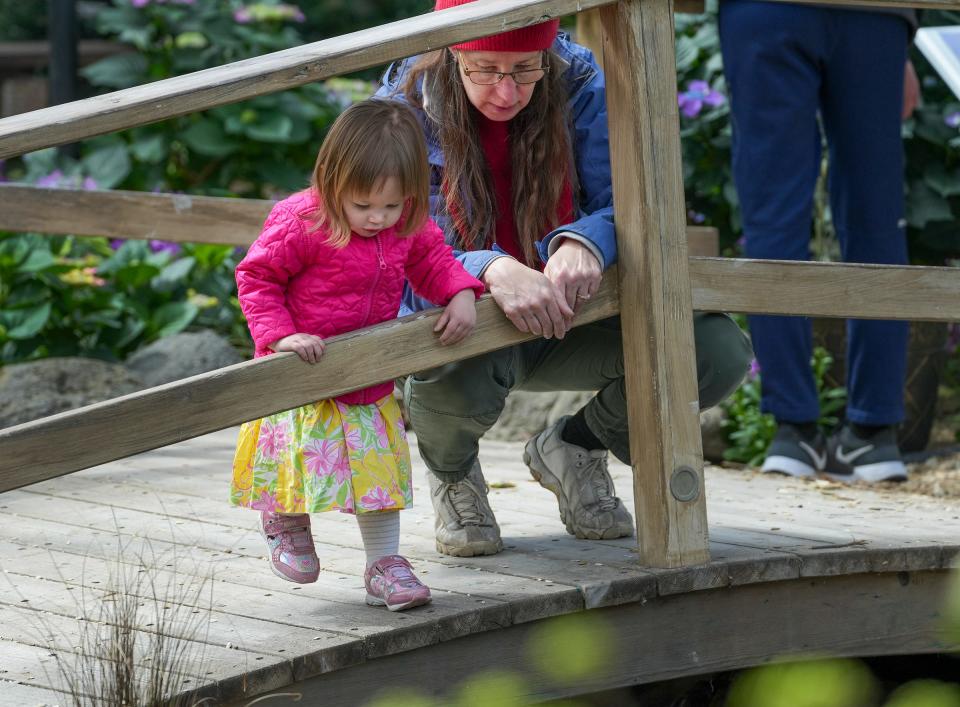 Cheryl Chew and her granddaughter Evelyn Zobrist, 2, look at the plants and water over the bridge during the 'Senses' Spring Floral Show at the Mitchell Park Domes located at 524 S. Layton Blvd., Milwaukee.