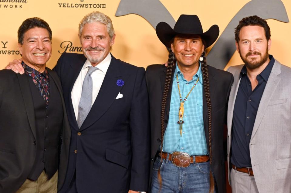 Gil Birmingham (left), Michael Nouri, Mo Brings Plenty and Hauser at a “Yellowstone” premiere. Getty Images for Paramount Network
