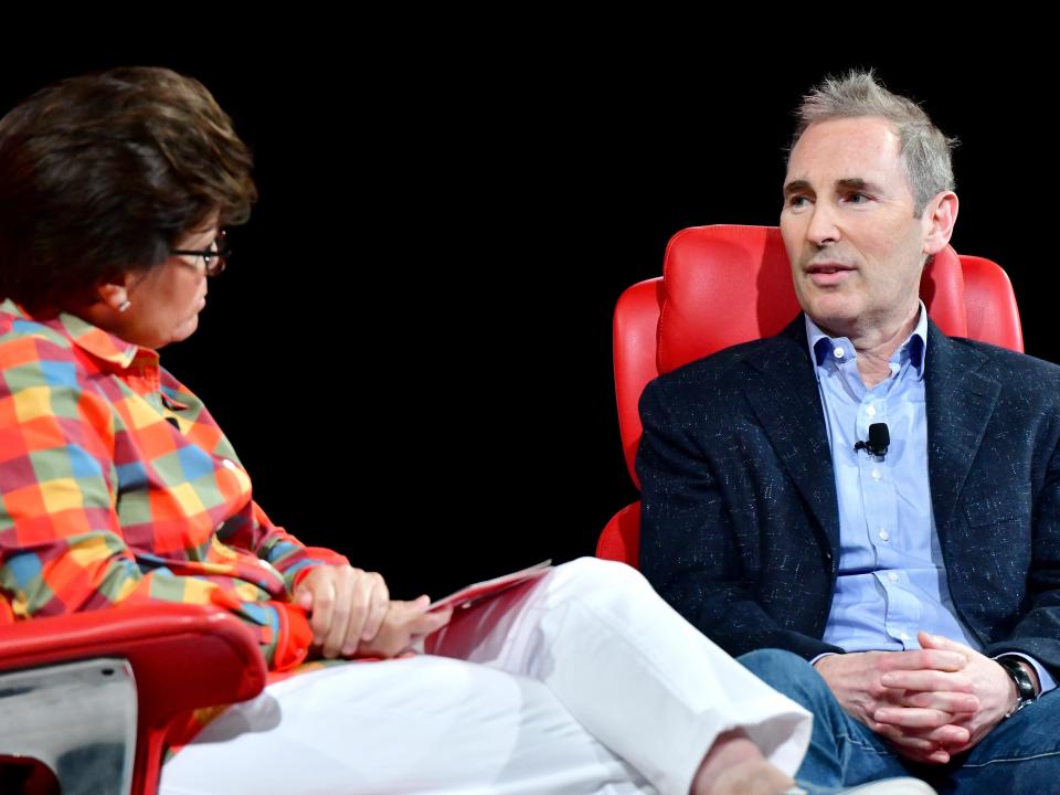 Kara Swisher and Amazon President and CEO Andy Jassy speak onstage during Vox Media's 2022 Code Conference.