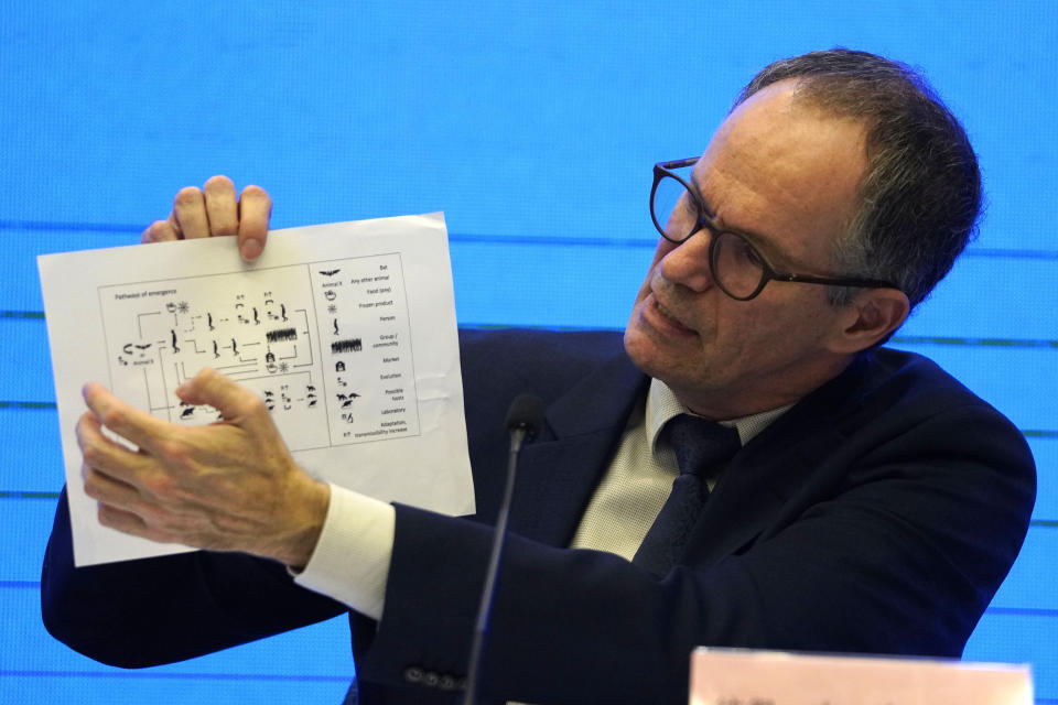 FILE - In this Feb. 9, 2021, file photo, Peter Ben Embarek of the World Health Organization team holds up a chart showing pathways of transmission of the virus during a joint news conference at the end of the WHO mission in Wuhan in central China's Hubei province. As the World Health Organization draws up plans for the next phase of its probe of how the coronavirus pandemic started, an increasing number of scientists say the U.N. agency it isn’t up to the task and shouldn’t be the one to investigate. (AP Photo/Ng Han Guan, File)