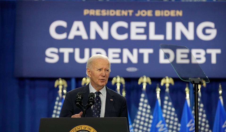 President Joe Biden speaks at an April 8 event in Wisconsin touting his student debt relief efforts.