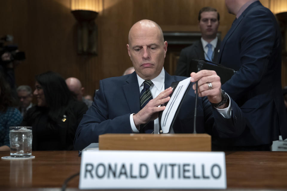 Ronald Vitiello, the nominee to become assistant secretary of Homeland Security for Immigration and Customs Enforcement, appears for his confirmation hearing before the Senate Homeland Security and Governmental Affairs Committee Committee, on Capitol Hill in Washington, Thursday, Nov. 15, 2018. (AP Photo/J. Scott Applewhite)