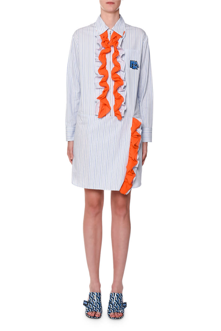 Prada Contrast-Ruffled Striped Shirt Dress