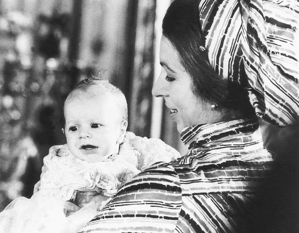 <p>A newborn Peter Phillips takes a look around Buckingham Palace during his christening. Princess Anne's eldest child was Queen Elizabeth and Prince Philip's first grandchild. </p>