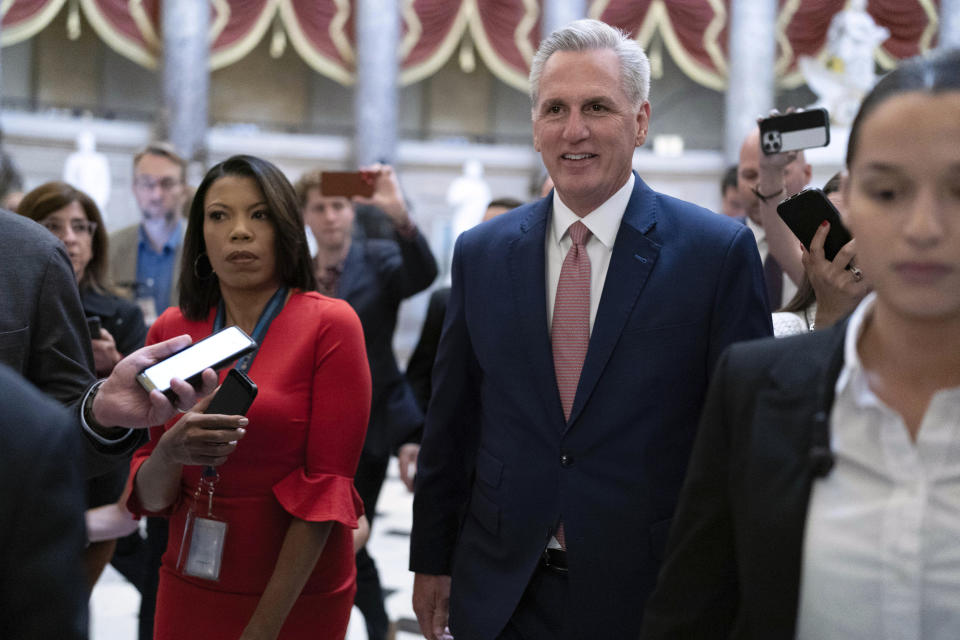 Speaker of the House Kevin McCarthy, R-Calif., walks to the House chamber at Capitol Hill, Tuesday, May 30, 2023, in Washington. (AP Photo/Jose Luis Magana)