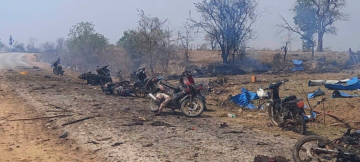 Aftermath of an airstrike in Pazigyi village in Sagaing Region’s Kanbalu Township (AP)