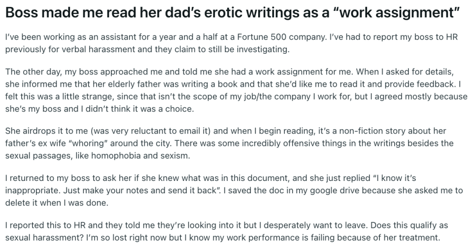 "Boss made me read her dad's erotic writings as a 'work assignment'"
