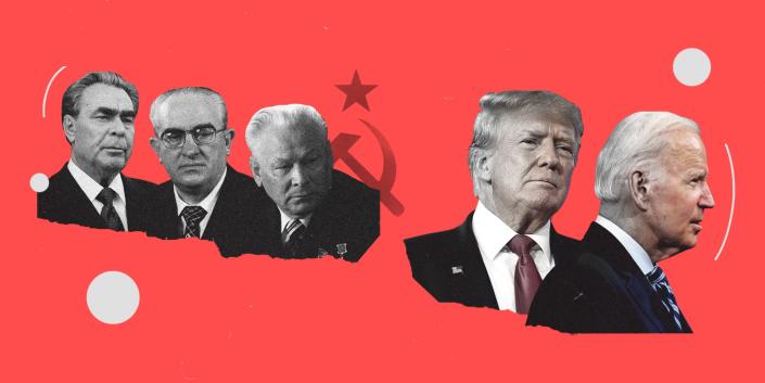 From left to right: Leonid Brezhnev, Yuri Vladimirovich Andropov, Konstantine Chernenko, Donald Trump, and Joe Biden.