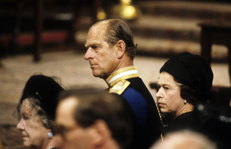 <p>The Queen and the Duke of Edinburgh attend the funeral of Lord Mountbatten in Westminster Abbey on 5 September 1979. Mountbatten, Philip's uncle, was murdered by the IRA in Mullaghmore, Co Sligo, Ireland, on 27 August 1979. (Getty Images)</p> 