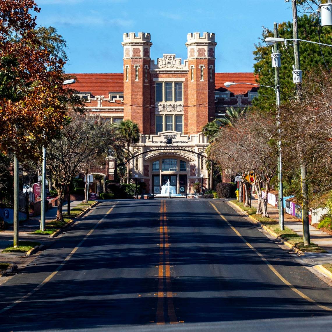 View of Florida State University’s historic James D. Westcott Building, looking down West College Avenue, in Tallahassee, Florida, on Monday, Dec. 14, 2020.