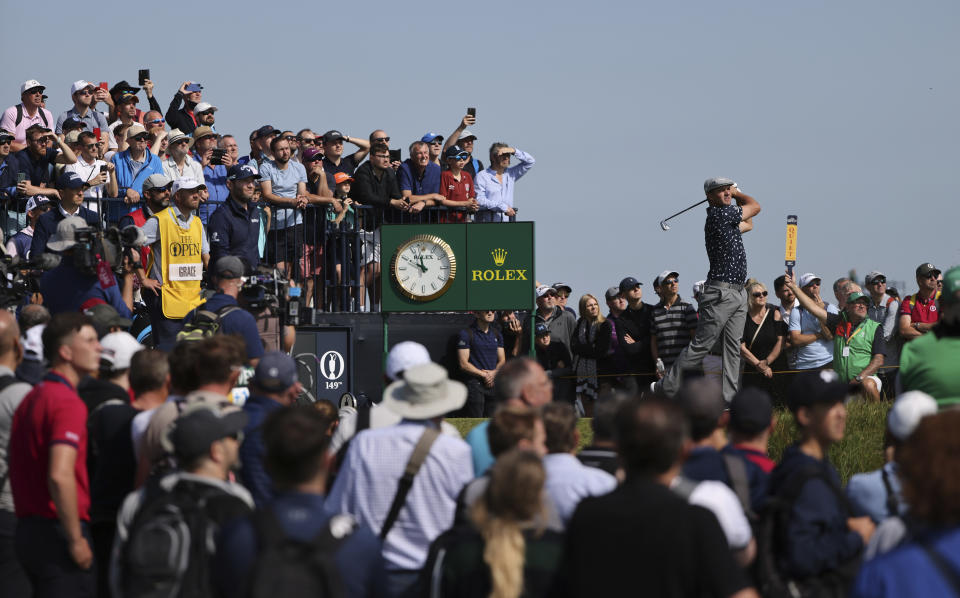 United States' Bryson DeChambeau play his tee shot at the 3rd during the first round British Open Golf Championship at Royal St George's golf course Sandwich, England, Thursday, July 15, 2021. (AP Photo/Ian Walton)