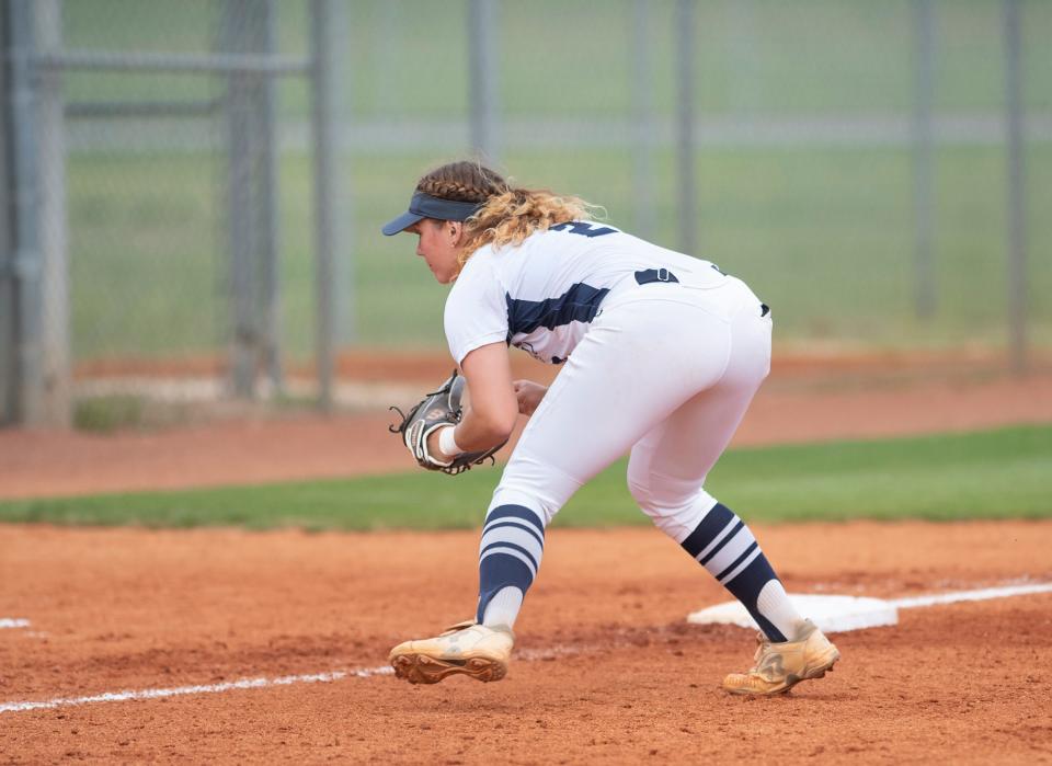 Third baseman Jenna Trim (2) snags a line drive down the line for an out during the Northwest Florida State College vs Pensacola State College softball game in Pensacola on Wednesday, April 20, 2022.