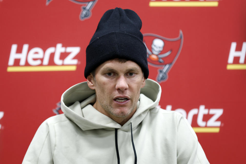 Tampa Bay Buccaneers quarterback Tom Brady meets with reporters after the team's NFL football game against the Cleveland Browns in Cleveland, Sunday, Nov. 27, 2022. The Browns won 23-17 in overtime. (AP Photo/Ron Schwane)