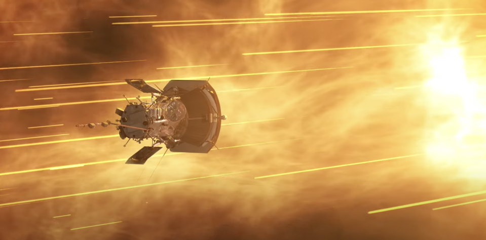 An artist's rendition of the Parker Space Probe flying near the sun. / Credit: NASA's Goddard Space Flight Center