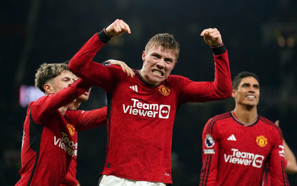 Manchester United's Rasmus Hojlund celebrates scoring his first Premier League goal