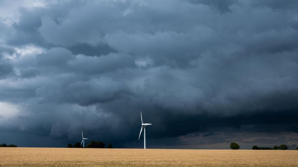 Eine Gewitterzelle mit dunklen Wolken zieht über Windräder in der Region Hannover hinweg.