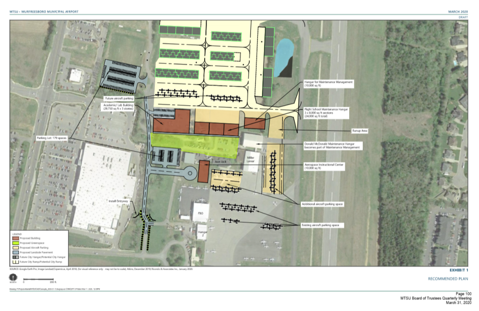This rendering shows MTSU's previously approved Master Plan for aerospace students at Murfreesboro Municipal Airport, which has limited capacity for additional training for students. The university now plans to relocate a pending $62 million adjusted plan to Shelbyville Municipal Airport, which has ample space for the fast-growing MTSU degree instruction to train pilots and other aviation majors.