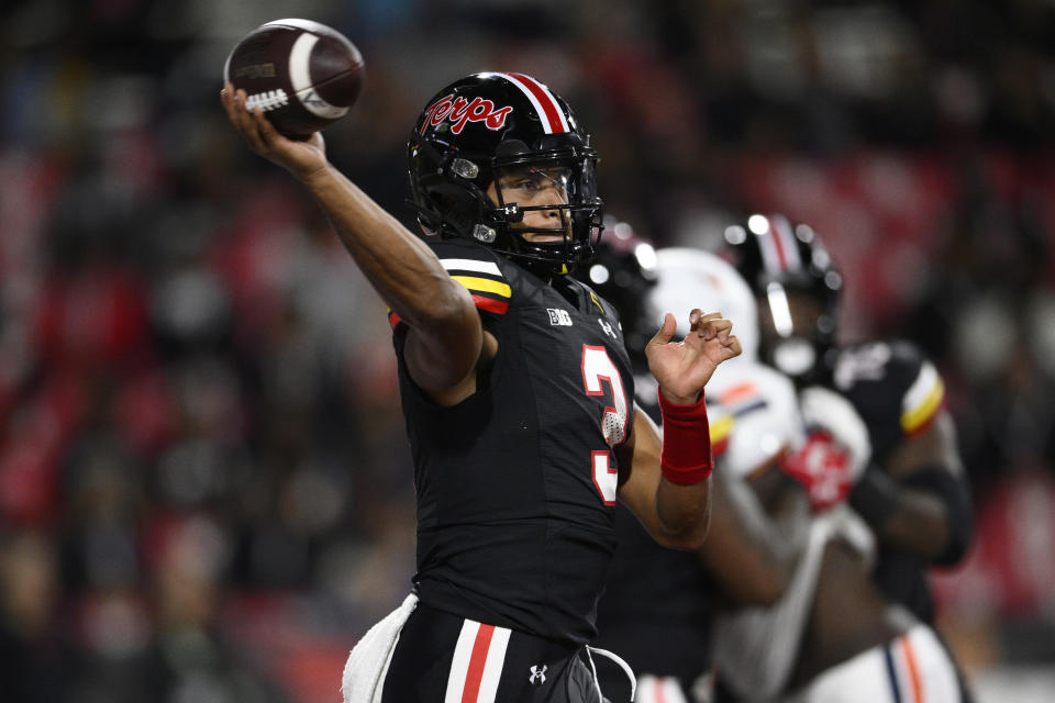 Maryland quarterback Taulia Tagovailoa throws a pass during the first half of the team's NCAA college football game against Virginia, Friday, Sept. 15, 2023, in College Park, Md. (AP Photo/Nick Wass)