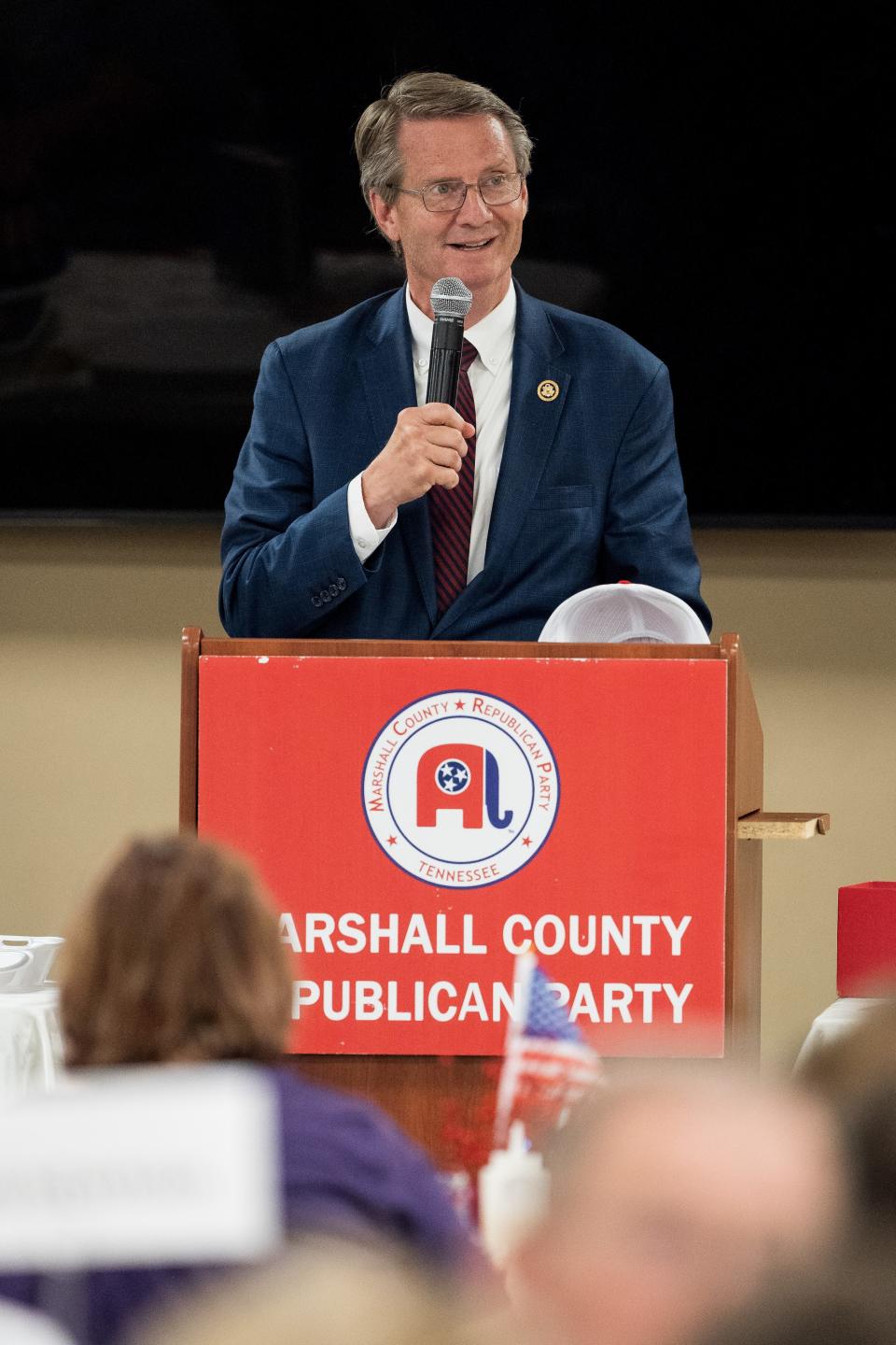 Rep. Tim Burchett, R-Tenn., speaks during the Marshall County GOP annual dinner in Lewisburg, Tenn., on July 11. Andrew Nelles / The Tennessean