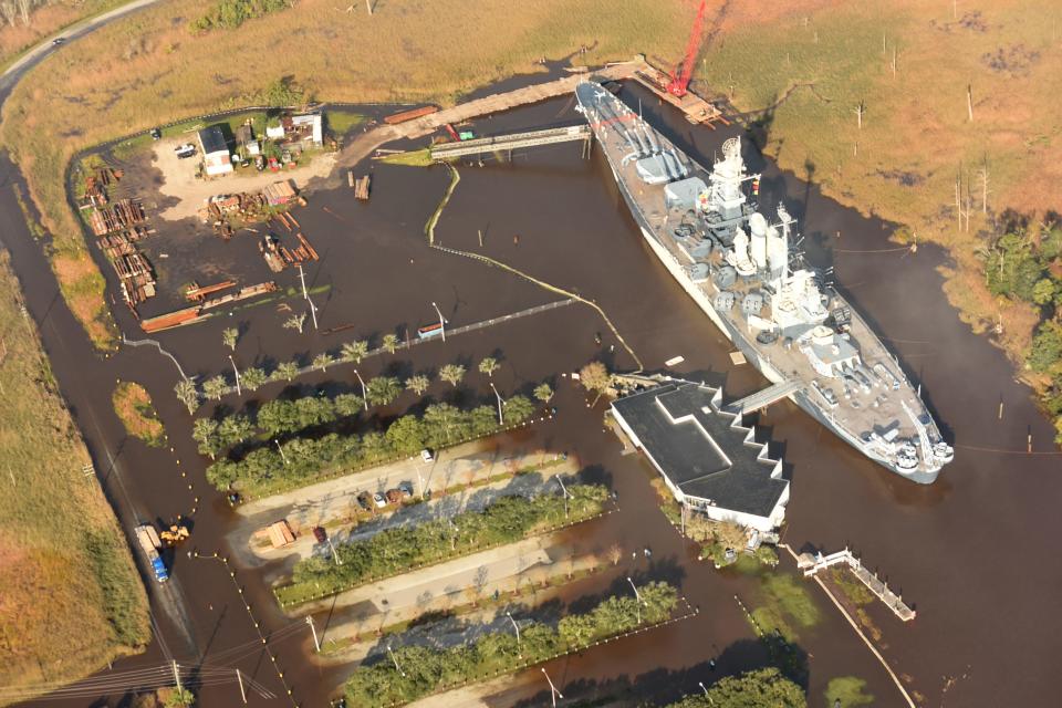 The Battleship North Carolina is surrounded by flood waters on Oct. 14, 2016, days after Hurricane Matthew dropped historic levels of rainfall on parts of Eastern North Carolina.