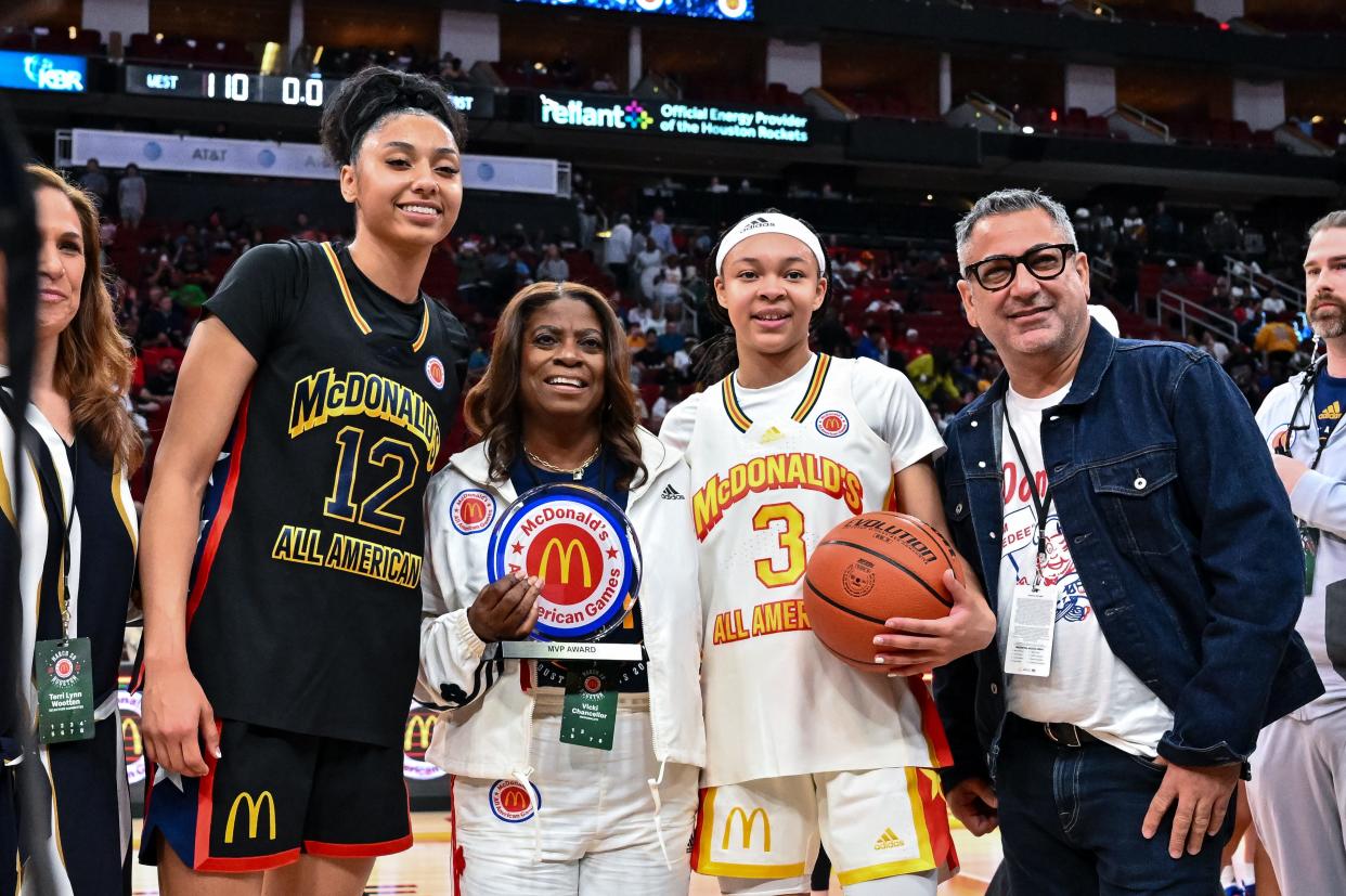 JuJu Watkins (12) and Hannah Hidalgo (3), shown at the 2023 McDonald's All-America game, are the future faces of women's basketball.