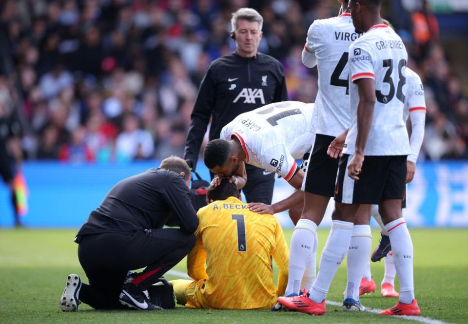 Alisson limped off after a series of saves (Getty Images)