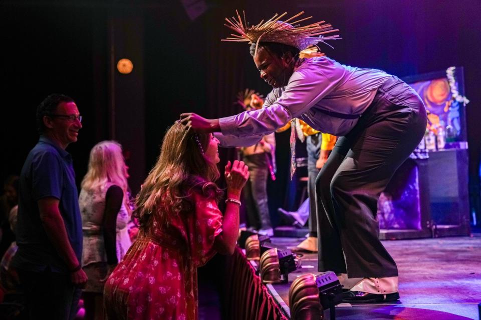 Michael and Annette Emanuel (seen receiving beads from Dorian De'Angelo Caty aka Eat Moe) attended the "Five Guys Named Moe musical to celebrate the 30 year anniversary of their engagement at the same play on Saturday September 16th, 2023 at the Kravis Center for Performing Arts in West Palm Beach. The musical will run from September 6-24th, 2023.