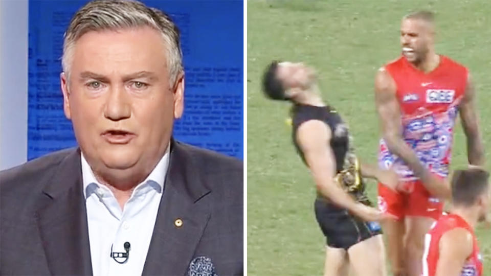 Eddie McGuire was filthy about the insulting language used by lawyers acting for both sides in Buddy Franklin's appeal at the AFL Tribunal. Pictures: Channel 9