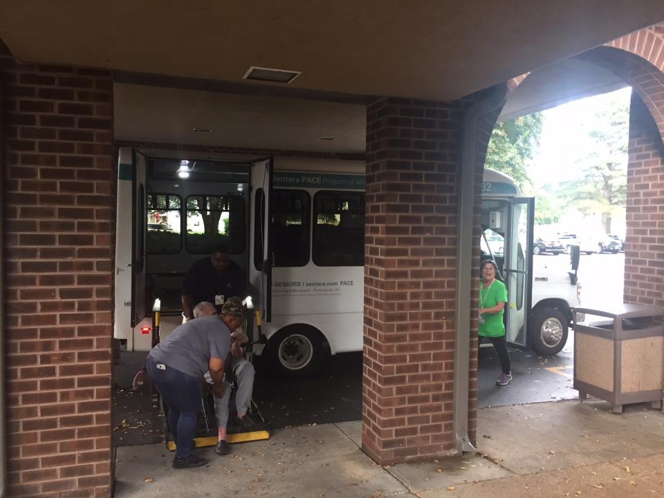 Residents from Sentara's Health Center in Currituck, North Carolina, arrive&nbsp;by bus at a larger Sentara facility in Portsmouth, Virginia, away from the storm's path. (Photo: Sentara Healthcare)