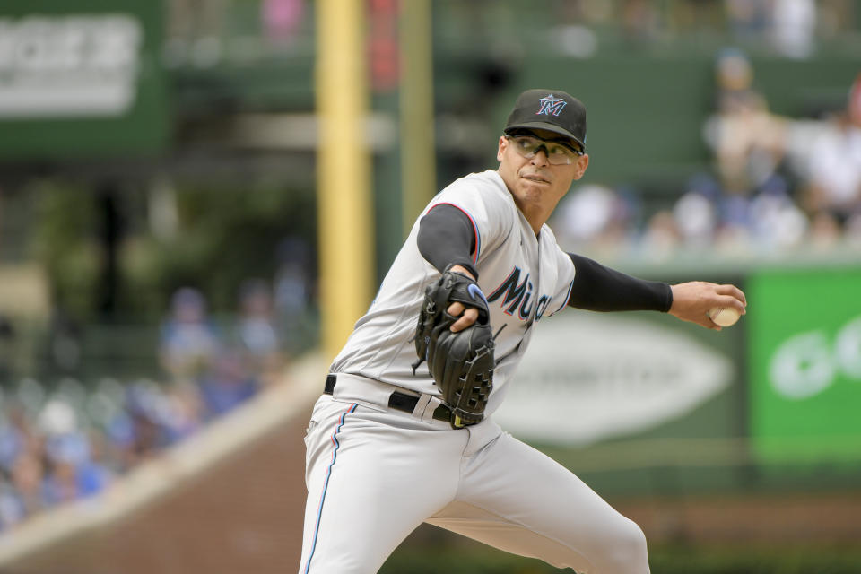 Miami Marlins starting pitcher Jesus Luzardo throws against the Chicago Cubs during the first inning of a baseball game, Sunday, Aug. 7, 2022, at Wrigley Field in Chicago. (AP Photo/Mark Black)