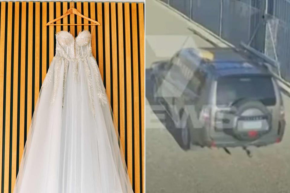 <p>Getty; 7 News Australia</p> Stock photo of wedding dress split with Getty image 