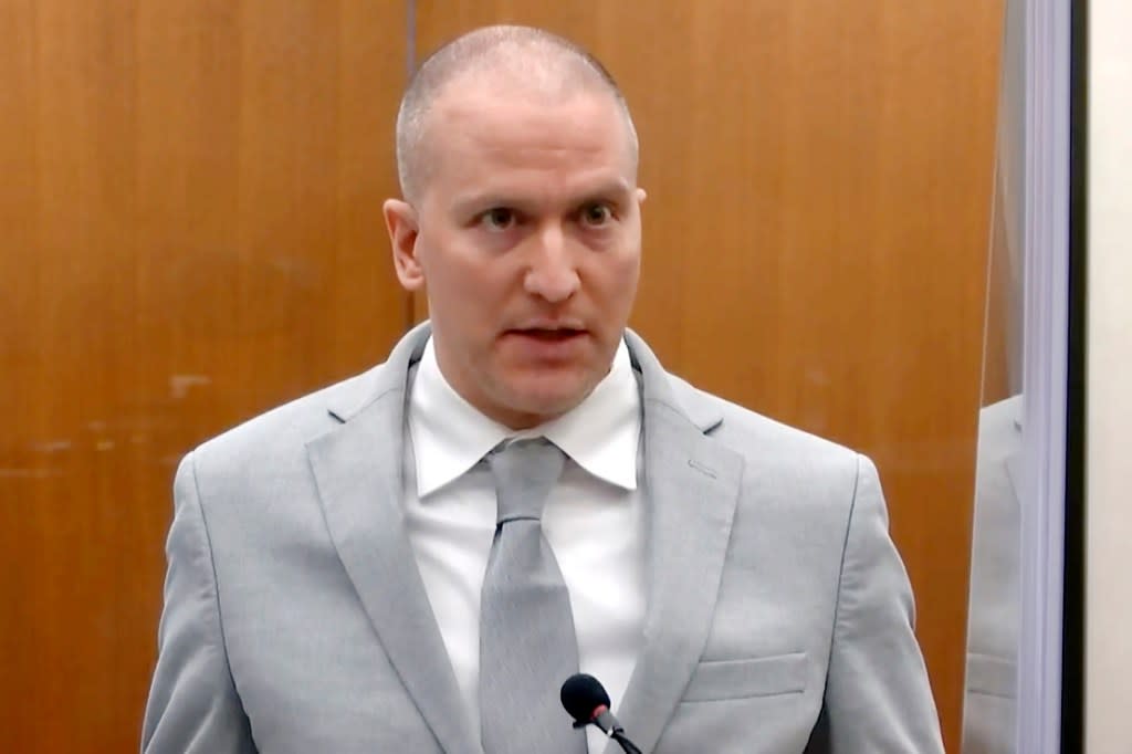 In this image taken from video, former Minneapolis police Officer Derek Chauvin addresses the court at the Hennepin County Courthouse on June 25, 2021, in Minneapolis. (Court TV via AP, Pool, File)