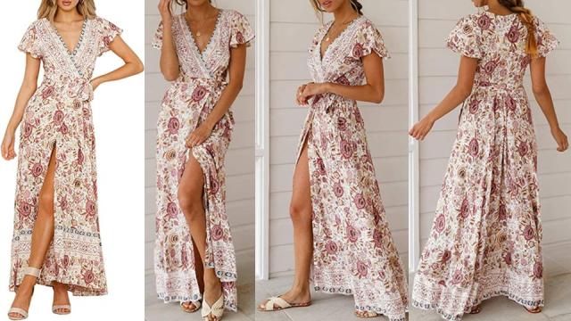 This boho floral print wrap dress is ...